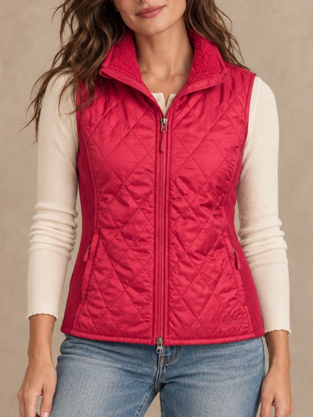L.L.Bean Quilted Vest M Sherpa Fleece Collar Full Zip Pockets Outdoor Hiking